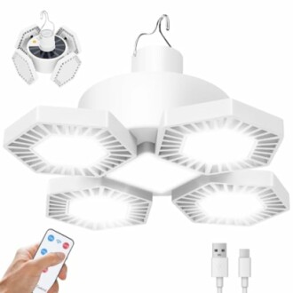 Verstellbare LED-Garagenleuchte mit Fernbedienung und USB-Anschluss.