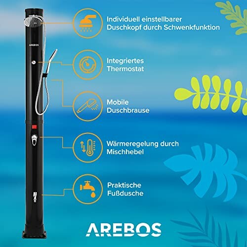 Schwarze Solardusche mit Funktionen auf blauem Hintergrund