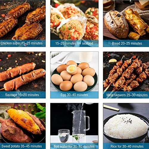 Kochzeiten für verschiedene Lebensmittel, einschließlich Huhn, Meeresfrüchte, Brot, Würstchen, Eier, Fleischspieße, Süßkartoffeln, Wasser und Reis.