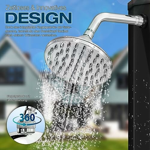 Duschkopf mit Wasserstrahl vor unscharfem Hintergrund