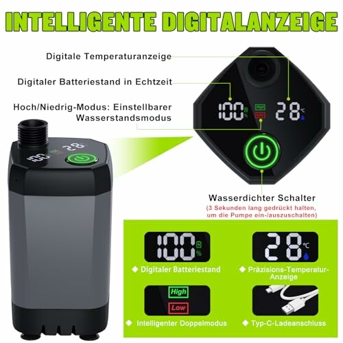 Intelligente digitale Pumpe mit Temperatur- und Batteriestandsanzeige.
