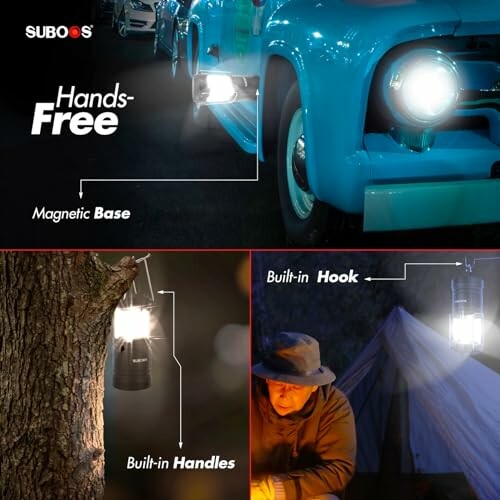 Laterne mit magnetischer Basis und Haken für freihändige Nutzung.