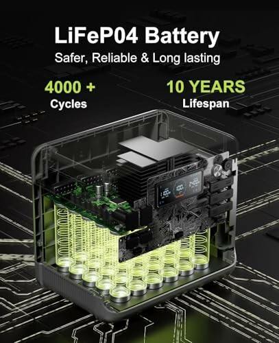 Diagramm einer LiFePO4-Batterie mit 4000+ Zyklen und 10 Jahren Lebensdauer.