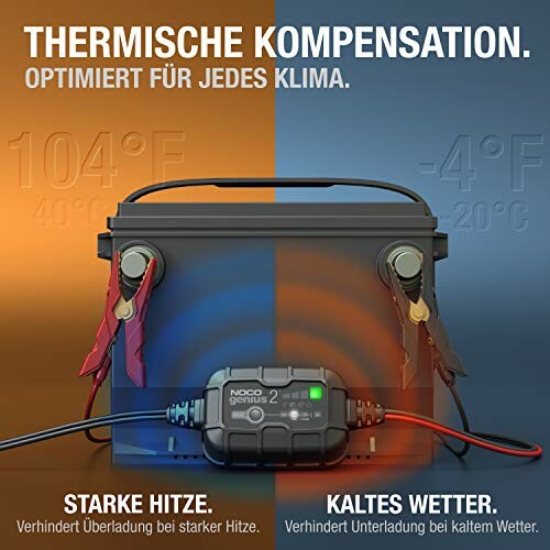 Batterieladegerät mit thermischer Kompensation für Hitze und Kälte.