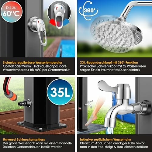 Outdoor-Dusche mit Temperaturregelung, 360-Grad-Duschkopf, großem Schlauchanschluss und Wasserhahn.
