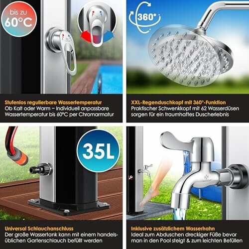 Außendusche mit Temperaturregelung und Regenbrause.