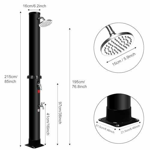 Schwarze Solardusche für den Außenbereich mit Maßen
