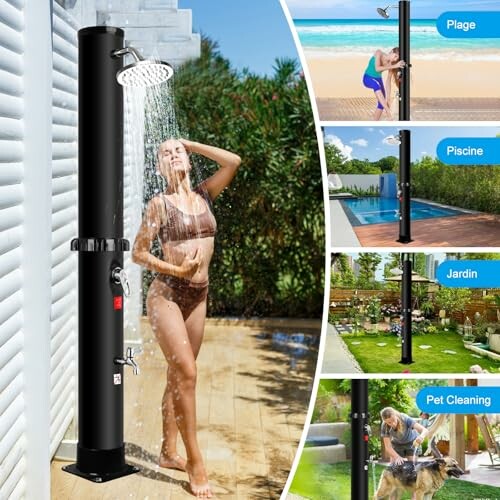 Frau duscht unter einer Solardusche im Freien