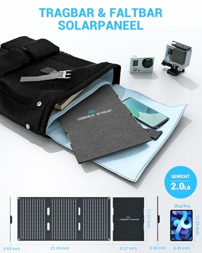 Tragbares und faltbares Solarpanel mit Tasche und Geräten.