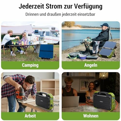 Verschiedene Anwendungen eines tragbaren Stromgenerators beim Camping, Angeln, Arbeiten und Wohnen.