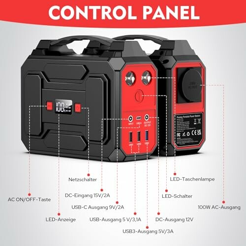 Tragbare Powerstation mit verschiedenen Anschlüssen und LED-Anzeige.