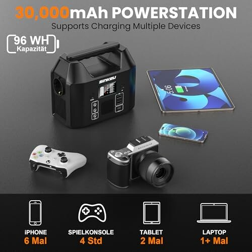 Tragbare Powerstation mit mehreren Geräten auf Tisch