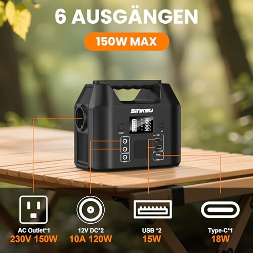 Tragbare Powerstation mit verschiedenen Anschlüssen auf einem Tisch.