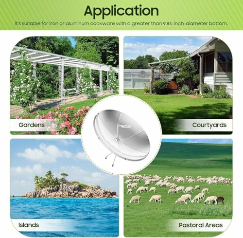 Anwendungen eines Solarkochers in Gärten, Innenhöfen, Inseln und Weideflächen.