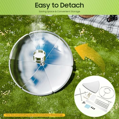 Montage eines Solar-Kochgeschirrs auf Grasfläche.