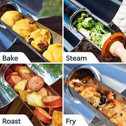 Solarkocher mit vier Kochmethoden: Backen, Dämpfen, Braten und Frittieren.