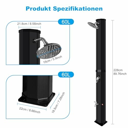 Solardusche mit Spezifikationen auf Deutsch und Englisch