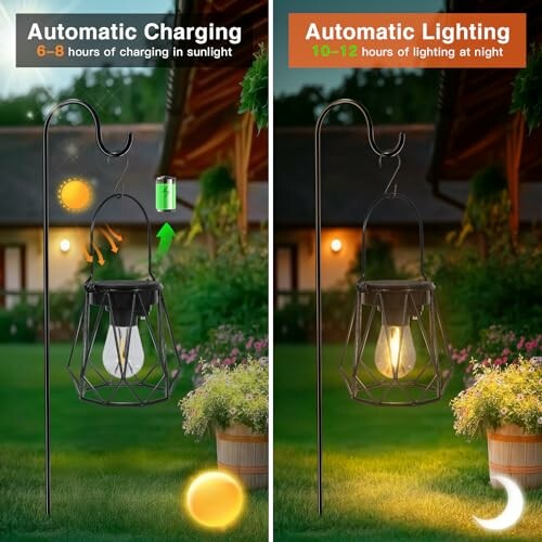 Solarbetriebene Gartenlaternen mit automatischer Lade- und Beleuchtungsfunktion.
