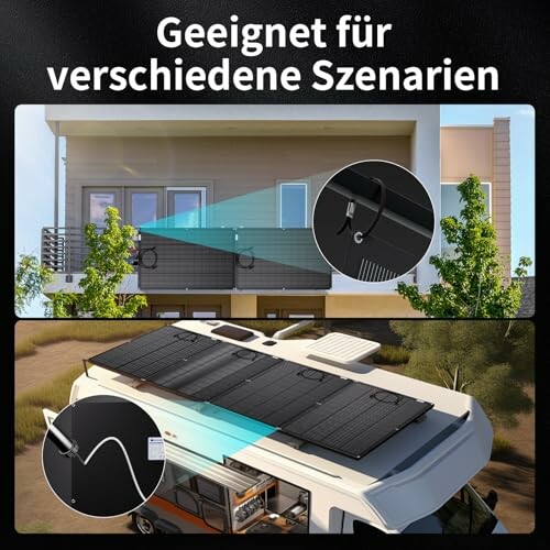 Solarmodule auf einem Wohnmobil und einem Gebäude
