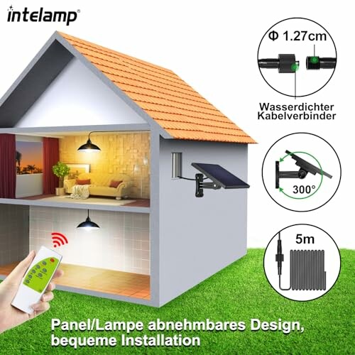 Illustration eines Hauses mit Solarpanel und abnehmbarer Lampe, einfache Installation.