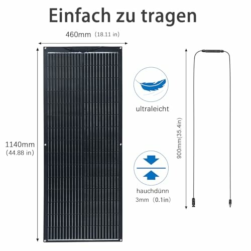 Leichtes und dünnes Solarpanel mit Maßen und Kabel.