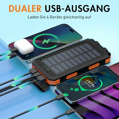 Solarbetriebene Powerbank lädt vier Geräte gleichzeitig auf.