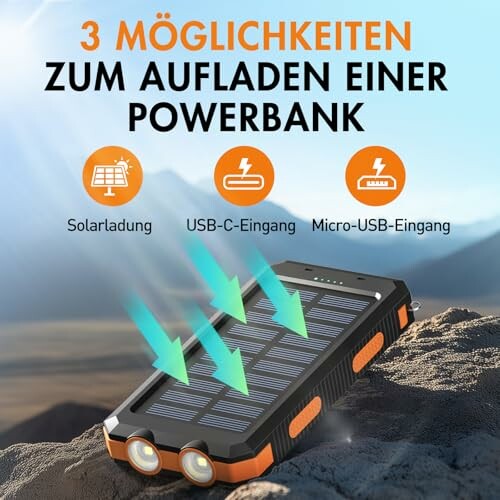 Solar-Powerbank mit drei Lademöglichkeiten.