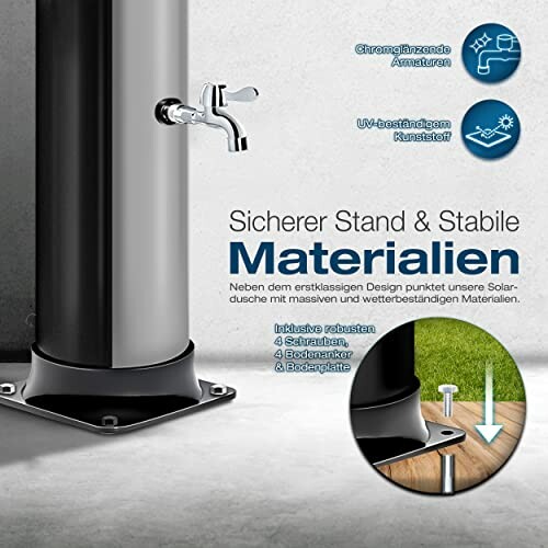 Stabile Materialien für Solardusche mit Chromarmaturen