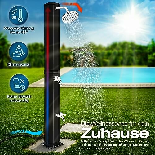 Solar Dusche im Garten mit Temperaturanzeige und Wasserhahn.