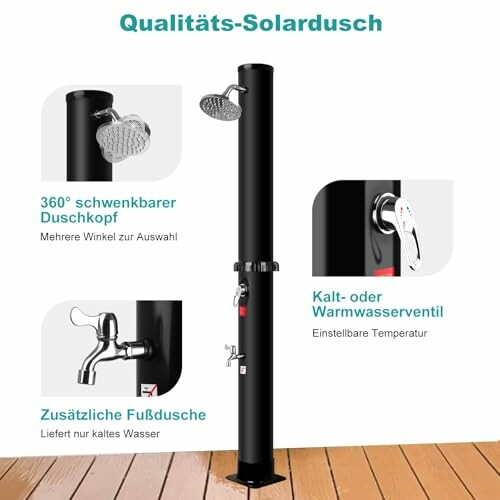 Solardusche mit schwenkbarem Duschkopf und Warmwasserventil