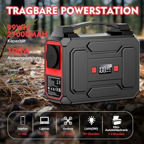 Tragbare Powerstation im Wald mit verschiedenen Nutzungsmöglichkeiten.